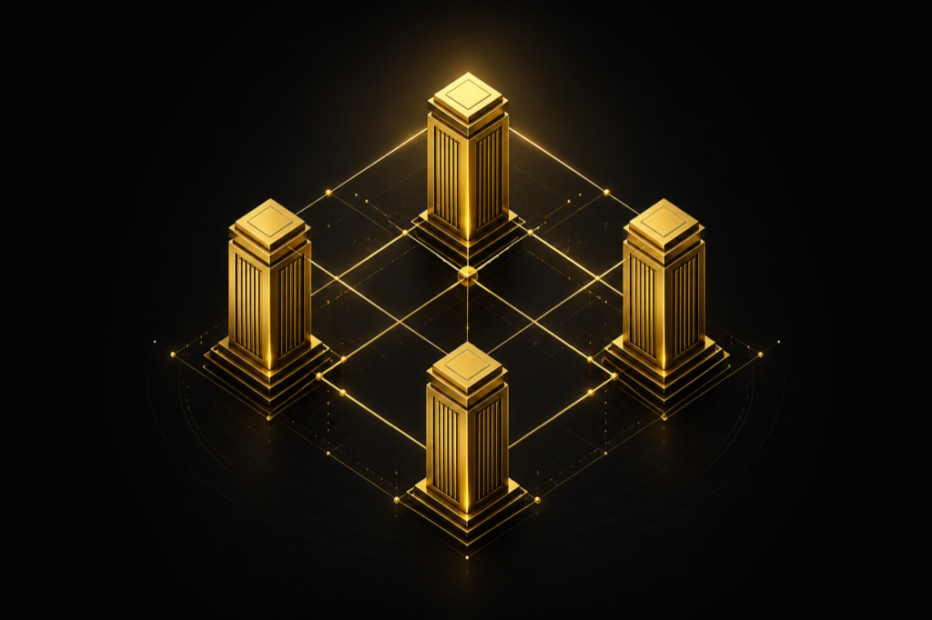 Interconnected gold pillars — the architecture of intelligent systems BUNYANIX TECHNOLOGIES builds.