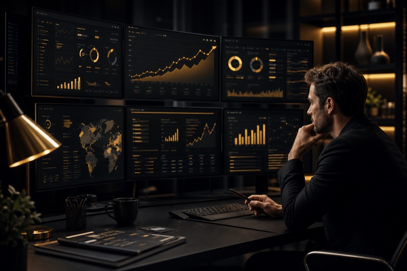 A strategist analyzing business dashboards and growth charts across a wall of screens — the systems behind operational excellence.